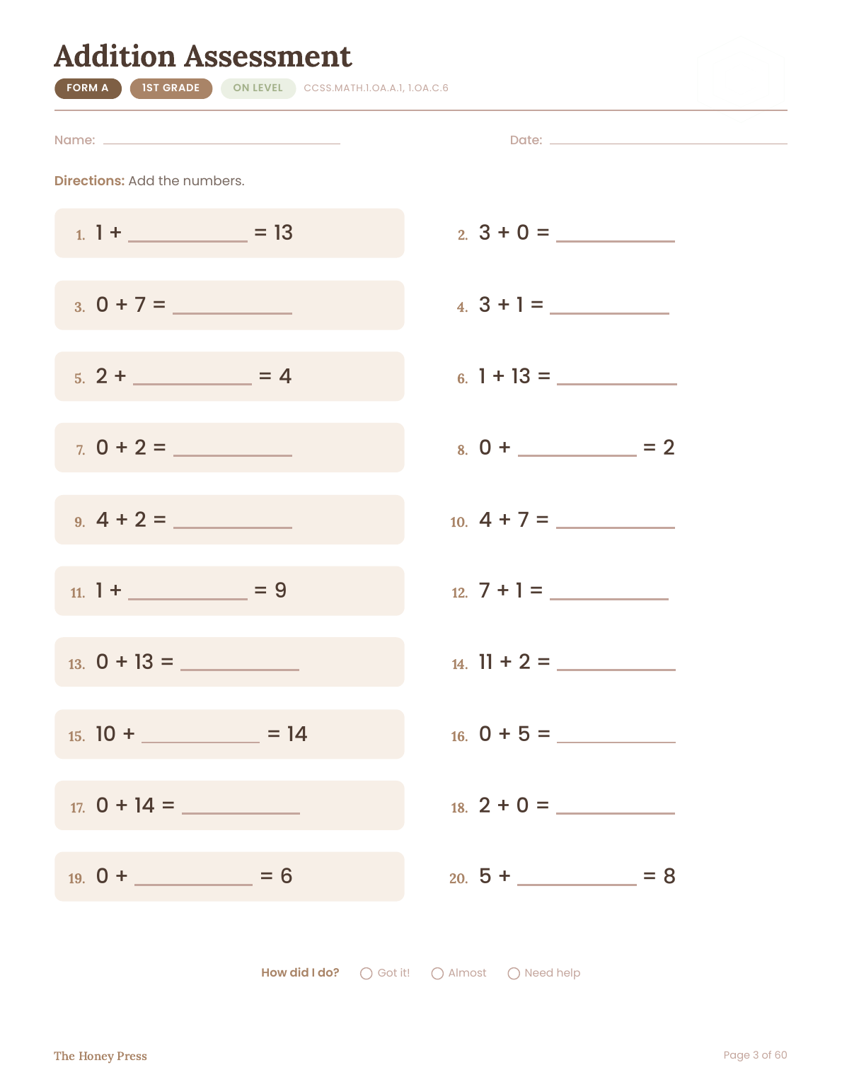 Form A addition assessment page, 1st grade skills, on level
