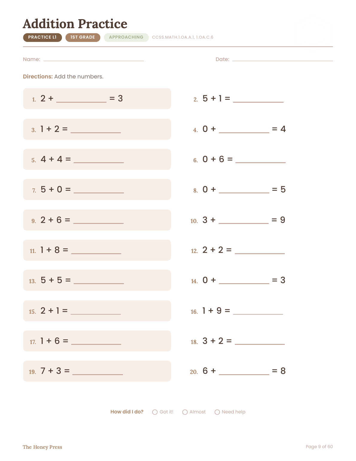 Leveled addition practice page, Level 1 reteach, 1st grade skills