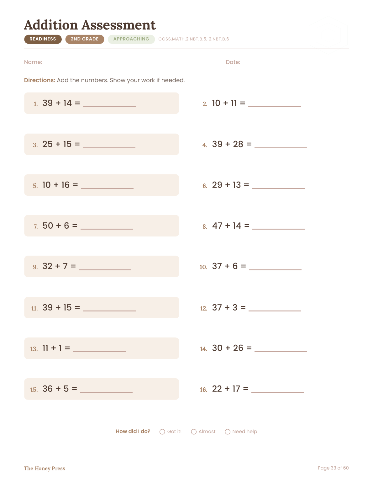 Readiness check page previewing early 2nd grade addition skills