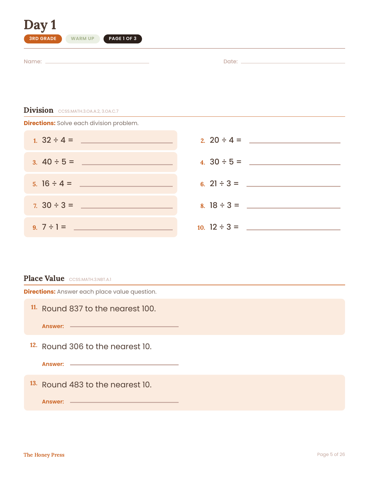 Day 1 warm up page, easier problems to start, 3rd grade Halloween math packet