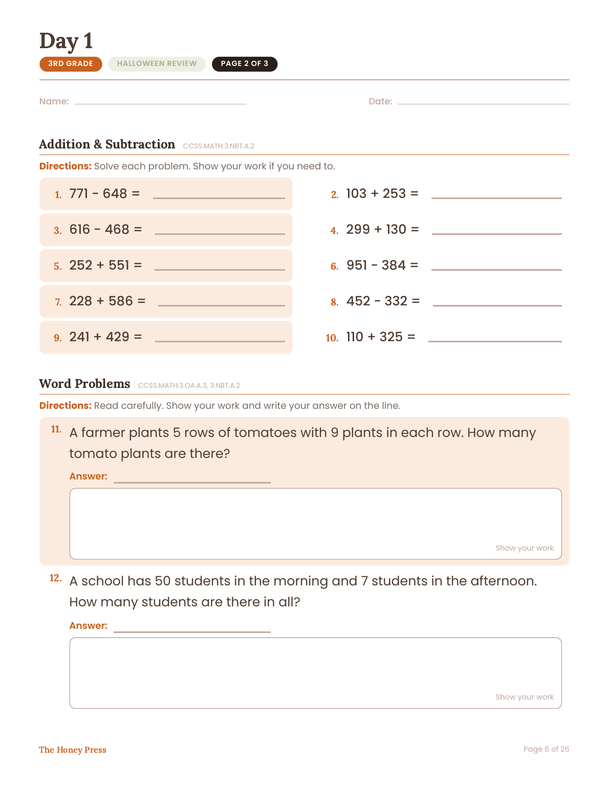 Day 1 Halloween review worksheet, page 2 of 3, 3rd grade