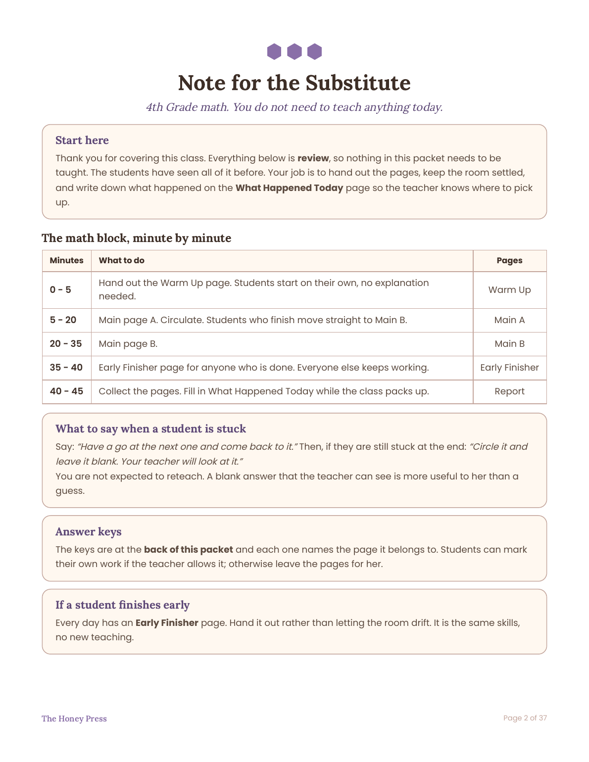 Note for the Substitute: the first page of the 4th grade math sub plans packet, with the math block scripted minute by minute