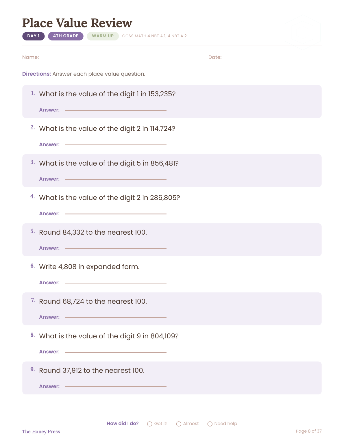 Day 1 warm up worksheet, Place Value Review, 4th grade