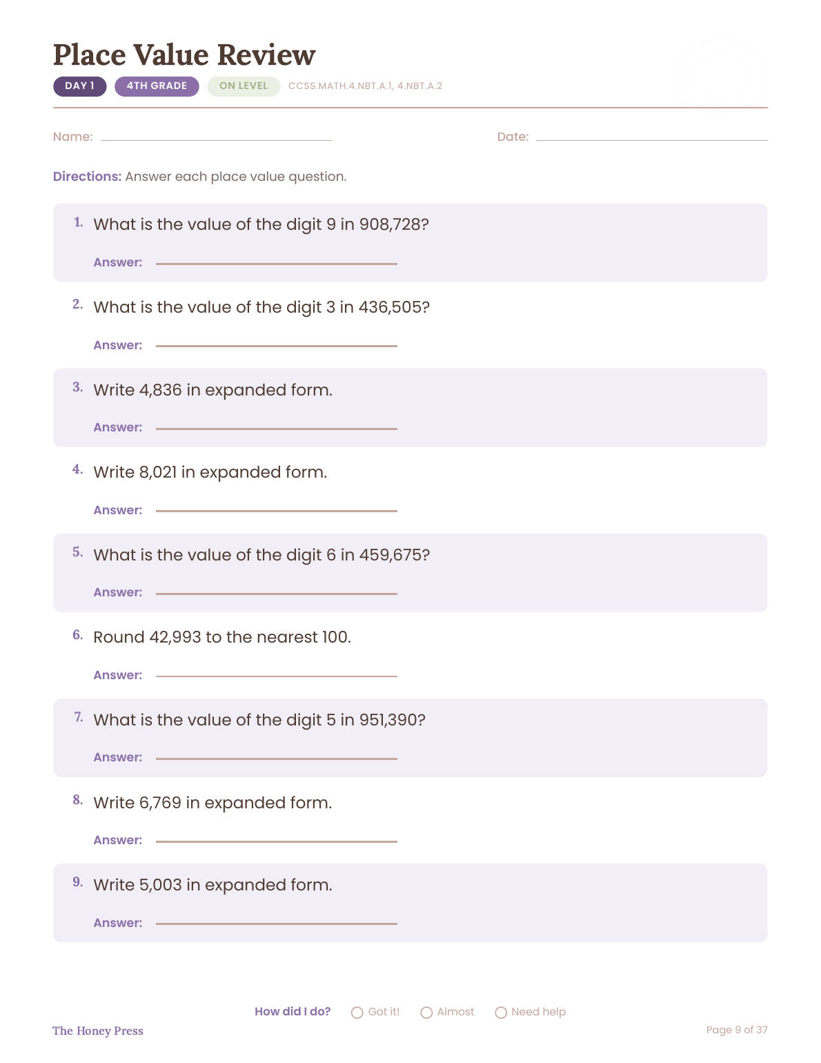 Day 1 on-level worksheet, Place Value Review, 4th grade