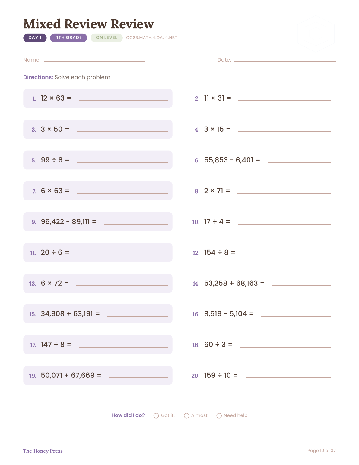 Day 1 on-level worksheet, Mixed Review, 4th grade