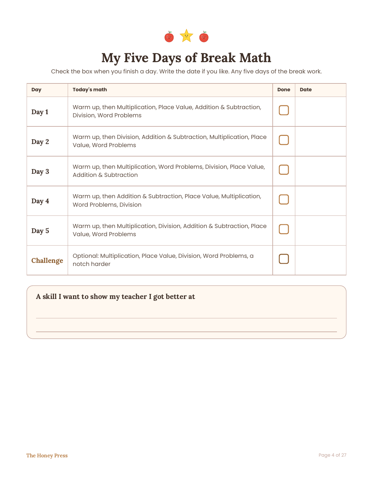 My Five Days of Break Math tracker page with one check box per day