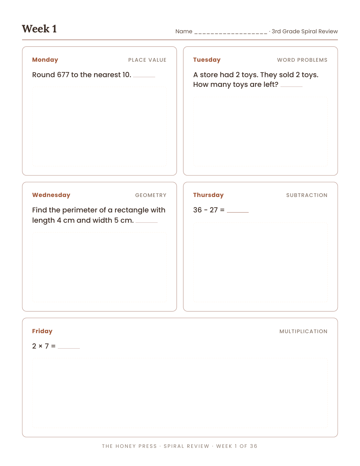 Week 1 weekly homework page, Monday to Friday boxes, five skills, 3rd grade