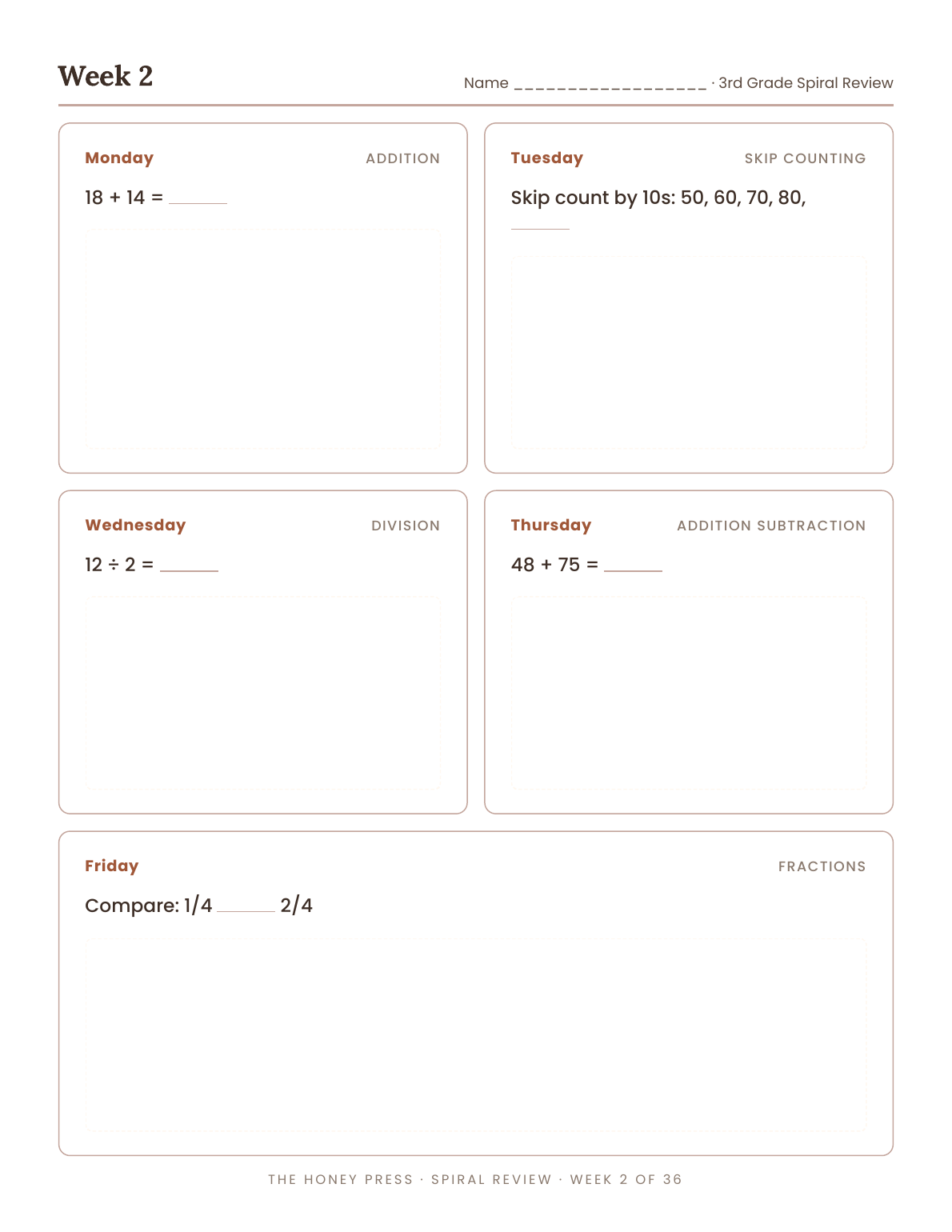Week 2 weekly homework page, 3rd grade math spiral review