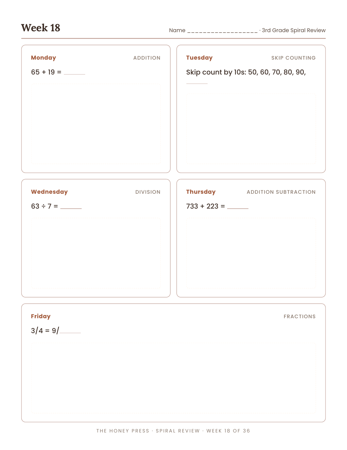 Week 18 weekly homework page, showing how skills cycle back mid-year, 3rd grade