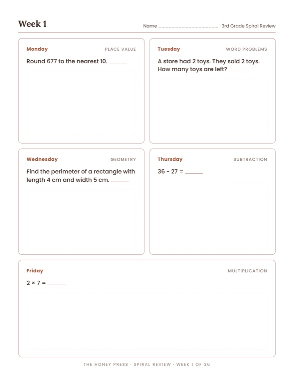 Week 1 page from the 3rd grade weekly math homework