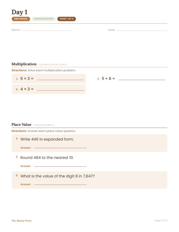 Day 1 page from the 3rd grade winter break math packet
