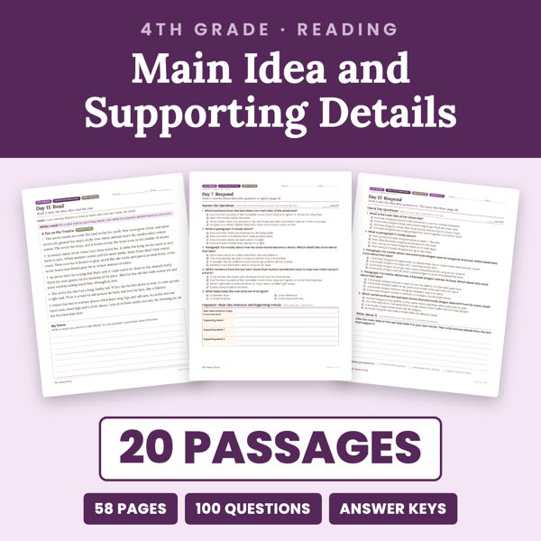 Cover of 4th Grade Main Idea and Supporting Details Passages + Worksheets