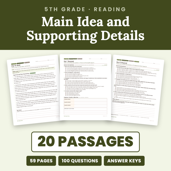 Cover of 5th Grade Main Idea and Supporting Details Passages + Worksheets