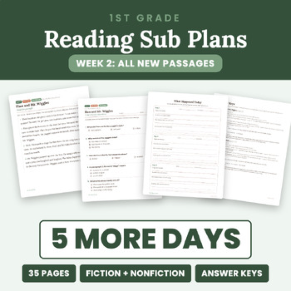 Cover of 1st Grade Reading Sub Plans Week 2