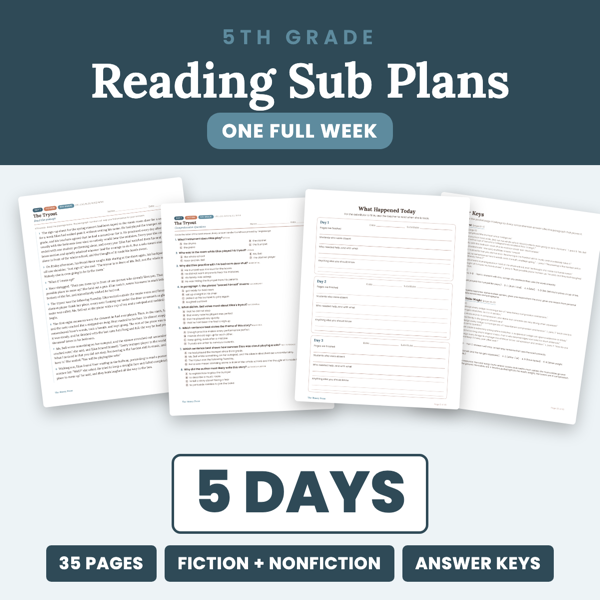 Cover of 5th Grade Reading Sub Plans