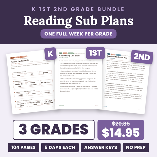 Cover of Kindergarten 1st 2nd Grade Reading Sub Plans Bundle