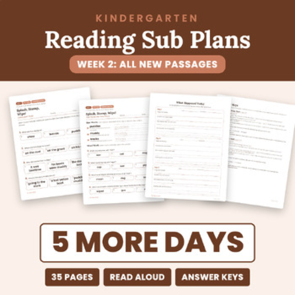 Cover of Kindergarten Reading Sub Plans Week 2