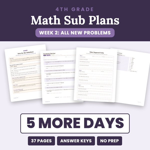 Cover of 4th Grade Math Sub Plans Week 2