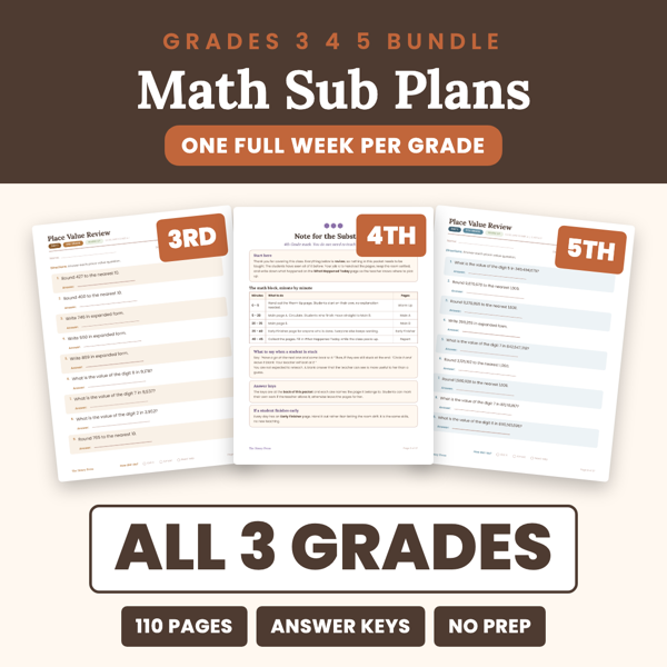 Cover of Math Sub Plans Grades 3 4 5 BUNDLE
