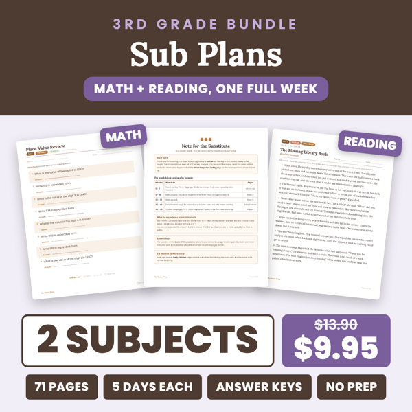 Cover of Emergency Sub Plans 3rd Grade: 1 Week Math + Reading