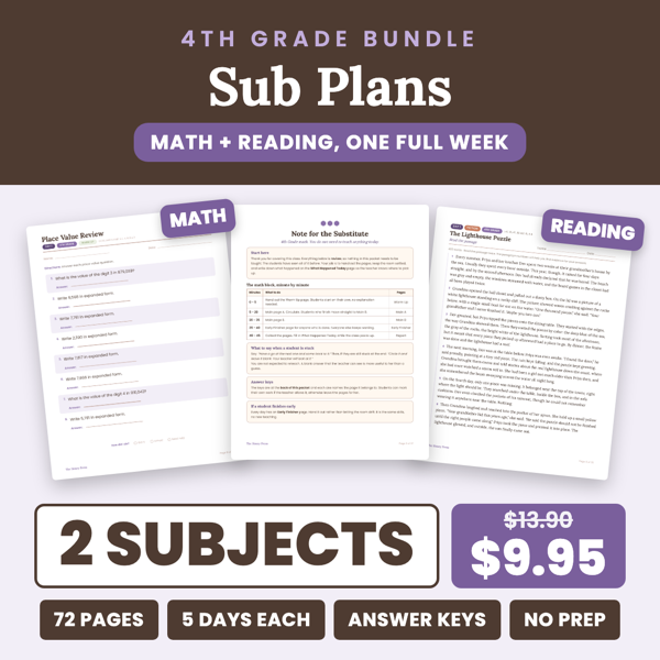 Cover of Emergency Sub Plans 4th Grade: 1 Week Math + Reading