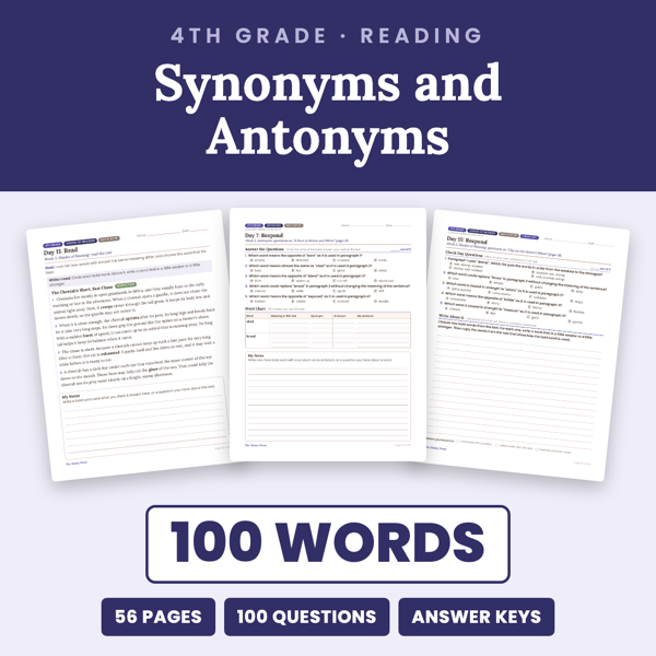 Cover of 4th Grade Synonyms and Antonyms Passages + Worksheets