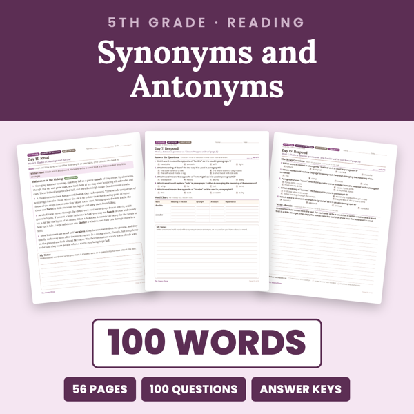 Cover of 5th Grade Synonyms and Antonyms Passages + Worksheets