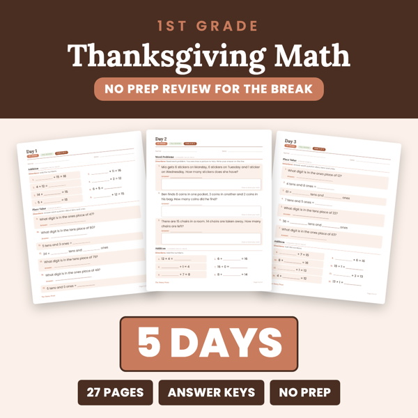 Cover of 1st Grade Thanksgiving Break Math Packet