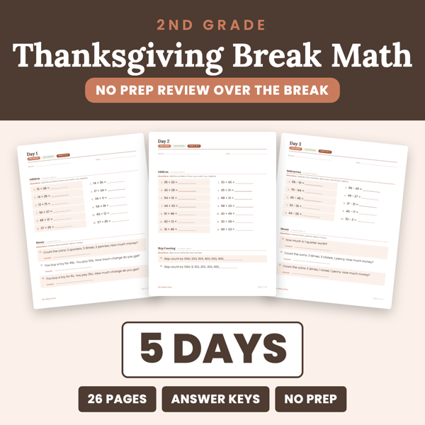 Cover of 2nd Grade Thanksgiving Break Math Packet
