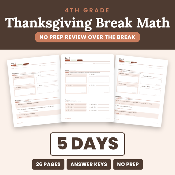 Cover of 4th Grade Thanksgiving Break Math Packet