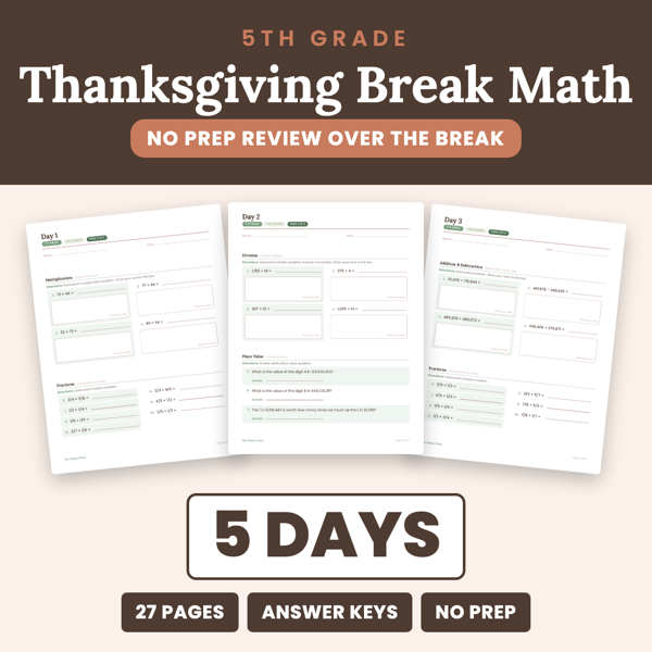 Cover of 5th Grade Thanksgiving Break Math Packet