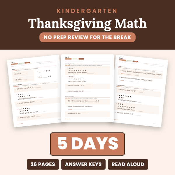 Cover of Kindergarten Thanksgiving Break Math Packet