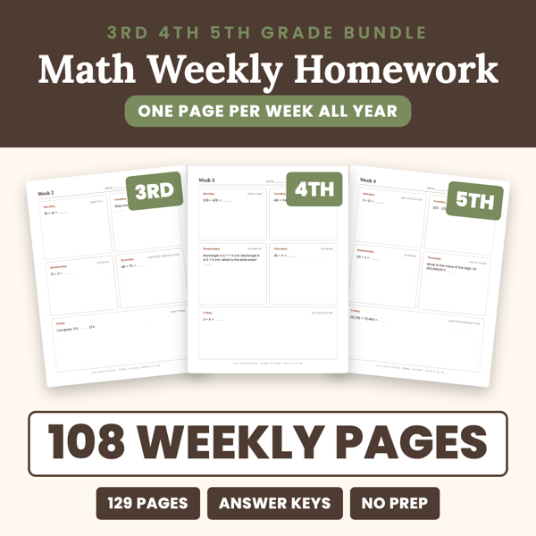 Cover of 3rd 4th 5th Grade Math Weekly Homework BUNDLE