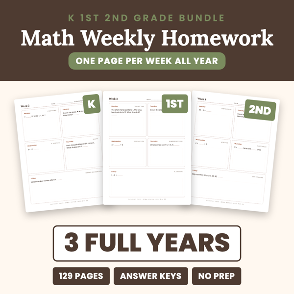 Cover of Kindergarten 1st 2nd Grade Math Weekly Homework BUNDLE